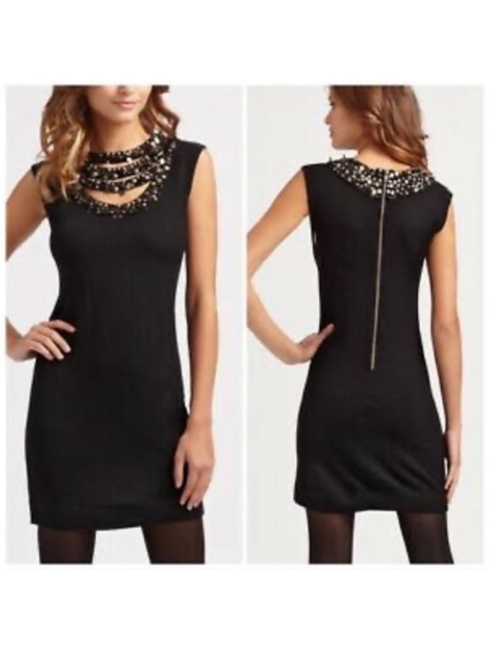 Nanette Lepore Moonlight Black Merino Wool Dress Beaded Sequin Size M Medium